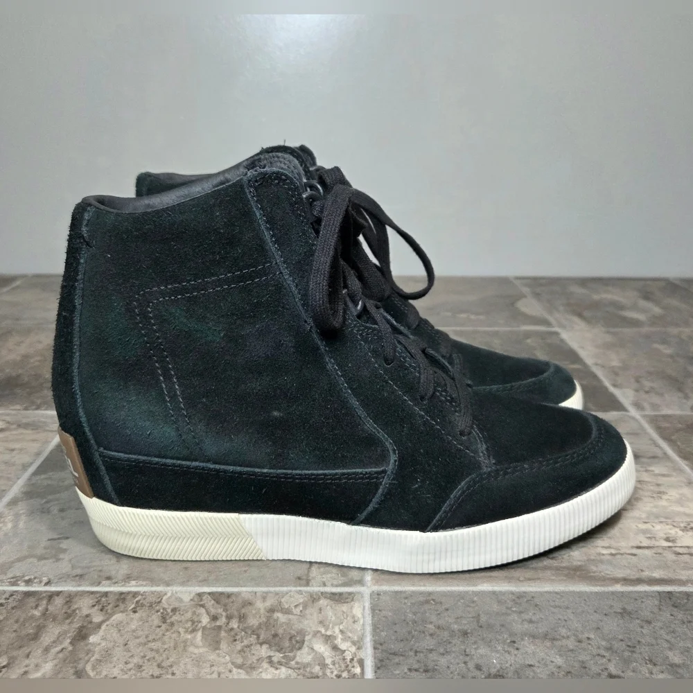 SOREL OUT 'N ABOUT SUEDE HIGH TOP WEDGE SNEAKERS.